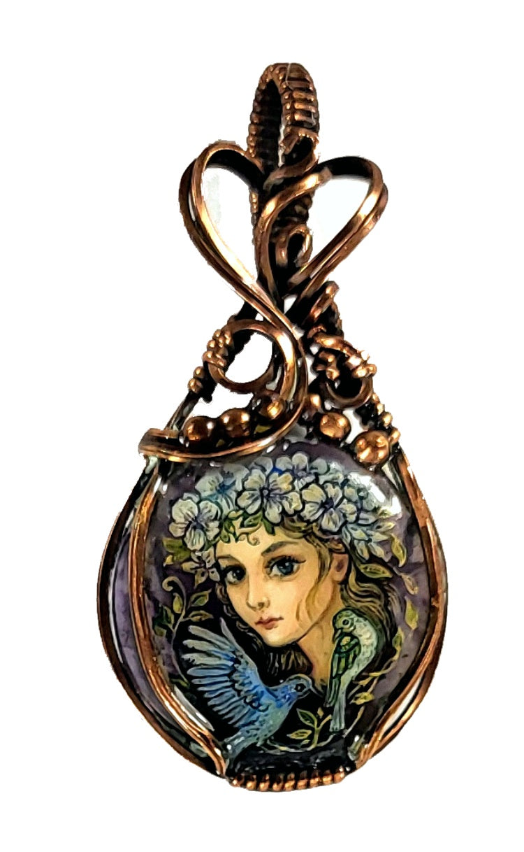 "Girl with Doves" Lacquer MIniature Pendant